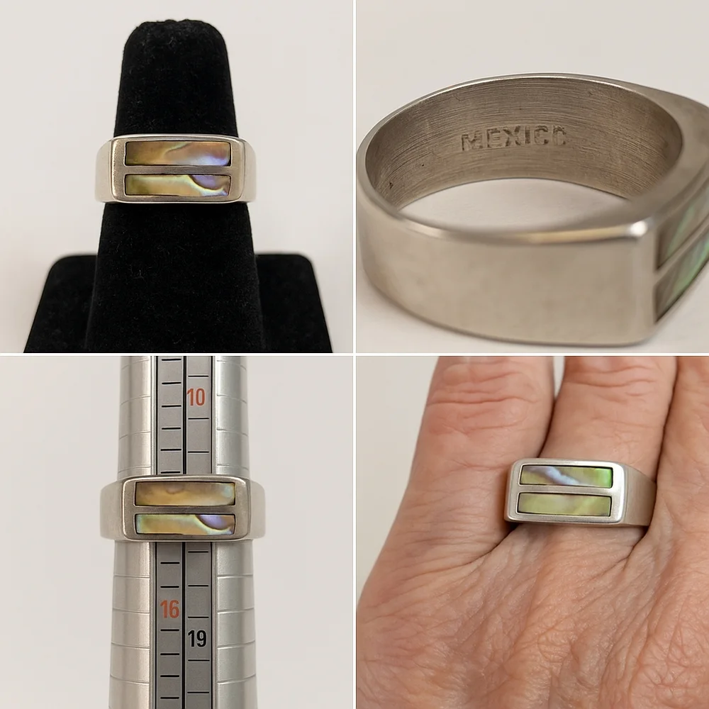 🌿 Vintage Men’s 1960s Sterling Silver Abalone Inlay Ring - Picture 9 of 10
